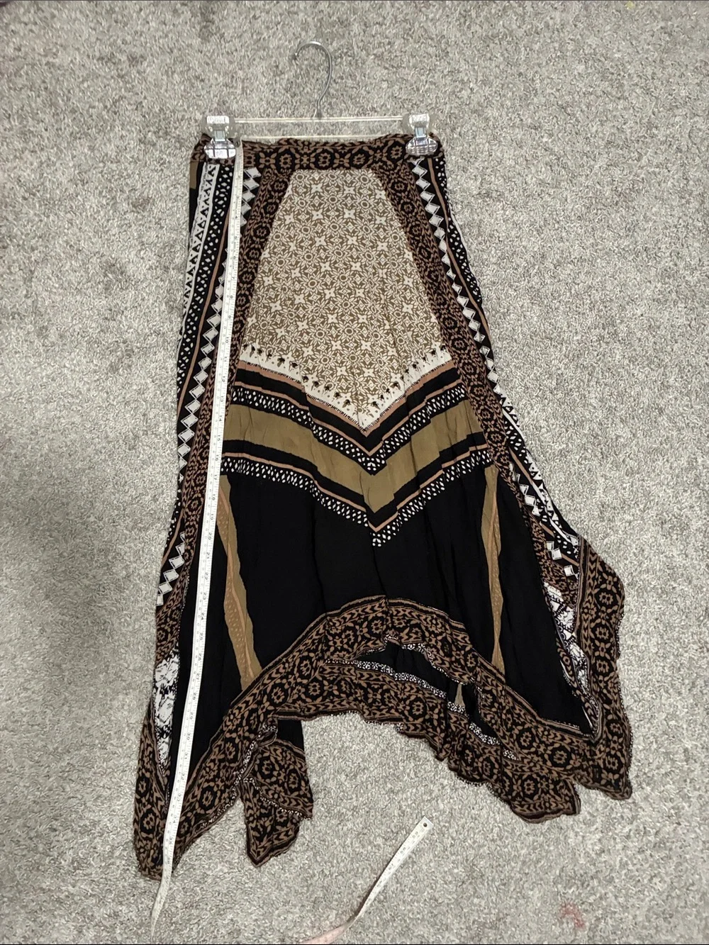 Free People Tan Black Boho Print Handkerchief Hems Midi Skirt